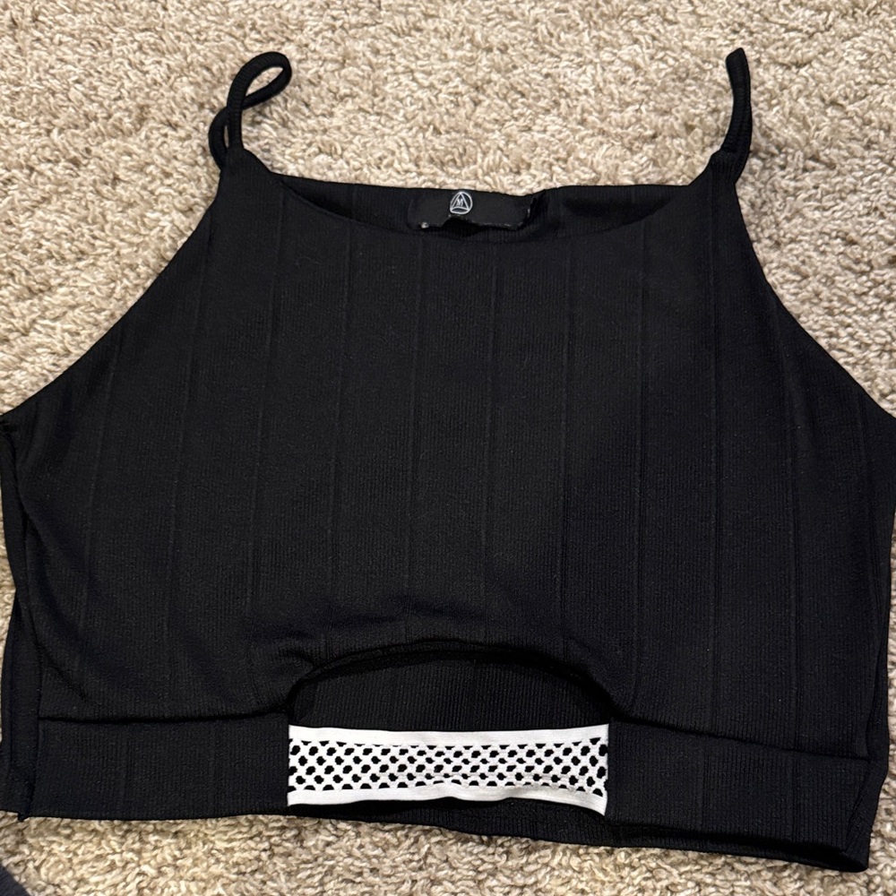 Misguided Black Crop Top with White Mesh Detail